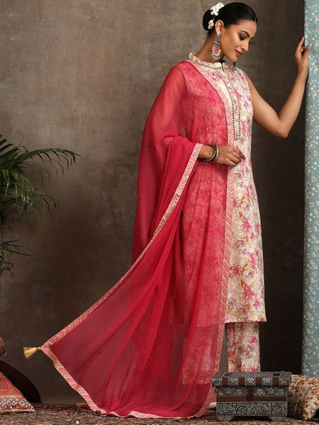 Women Floral Printed Mandarin Collar Pure Cotton Kurta with Palazzos & With Dupatta Set VitansEthnics