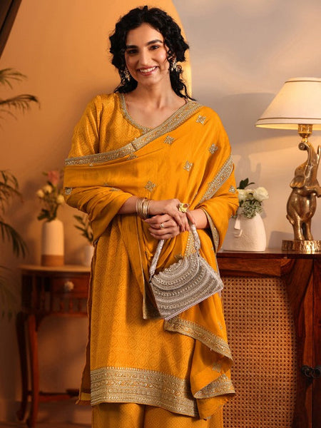 Women Yellow Bandhani Printed Thread Work Kurta with Palazzos & With Dupatta VitansEthnics