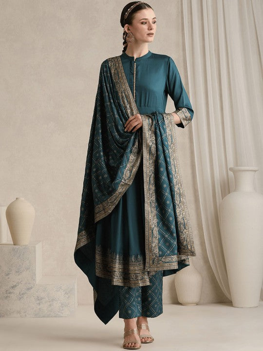 Women Ethnic Motifs Printed Mandarin Collar A-Line Kurta With Trousers And Dupatta Set VitansEthnics