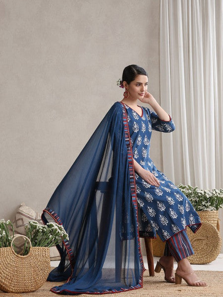 Women Floral Printed Flared Pure Cotton Kurta with Palazzos & With Dupatta Set VitansEthnics