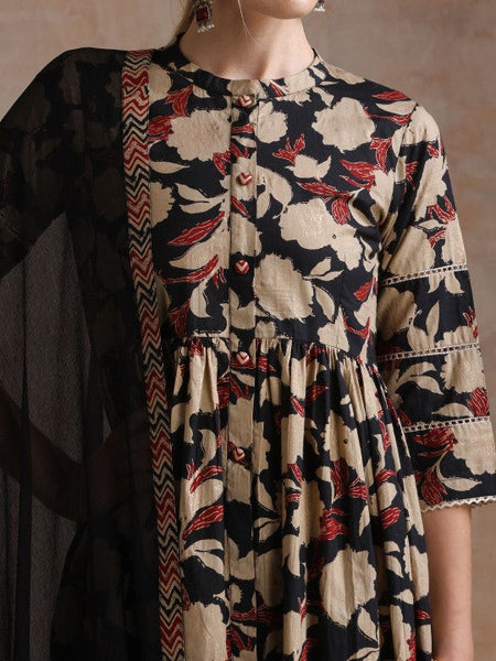 Women Floral Printed Flared Pure Cotton Kurta with Palazzos & With Dupatta Set VitansEthnics