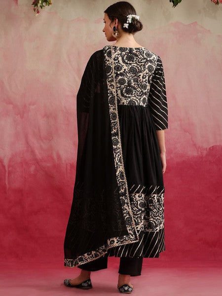 Women Floral Yoke Design V-Neck Anarkali Kurta with Palazzos & Dupatta Set VitansEthnics