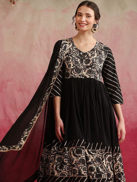 Women Floral Yoke Design V-Neck Anarkali Kurta with Palazzos & Dupatta Set VitansEthnics