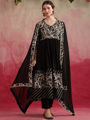 Women Floral Yoke Design V-Neck Anarkali Kurta with Palazzos & Dupatta Set VitansEthnics
