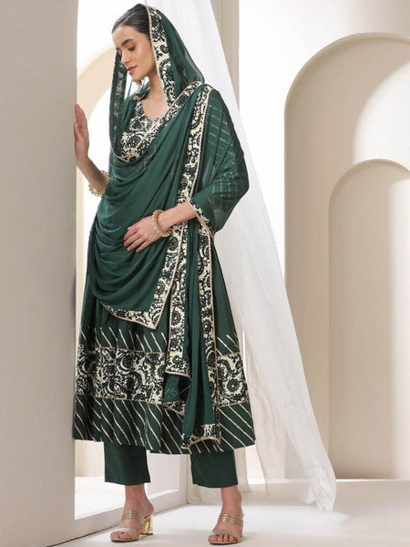 Women Green Floral Yoke Design V-Neck Pleated Anarkali Kurta With Palazzos & Dupatta VitansEthnics