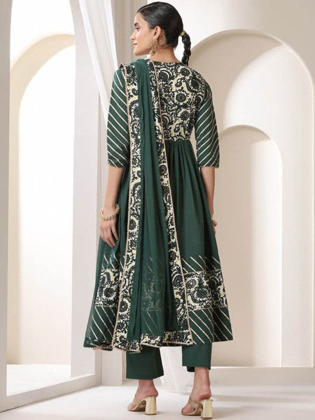 Women Green Floral Yoke Design V-Neck Pleated Anarkali Kurta With Palazzos & Dupatta VitansEthnics
