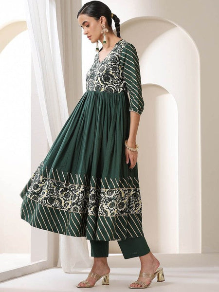 Women Green Floral Yoke Design V-Neck Pleated Anarkali Kurta With Palazzos & Dupatta VitansEthnics