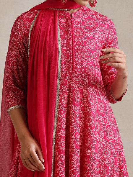 Women Bandhani Printed Mandarin Collar Panelled Anarkali Kurta With Trouser & Dupatta VitansEthnics