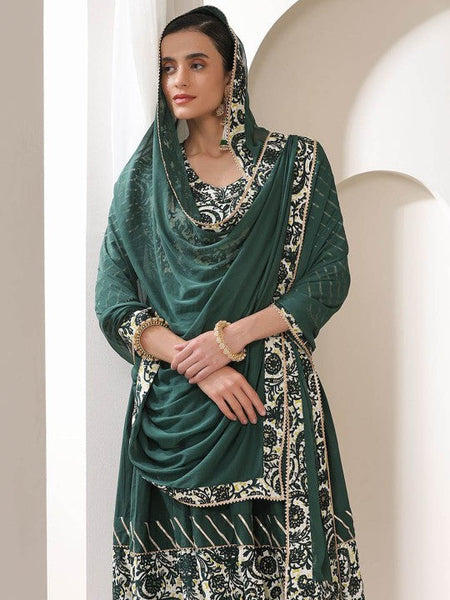 Women Green Floral Yoke Design V-Neck Pleated Anarkali Kurta With Palazzos & Dupatta VitansEthnics