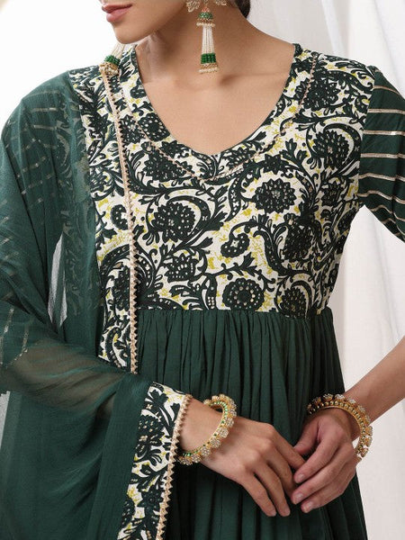 Women Green Floral Yoke Design V-Neck Pleated Anarkali Kurta With Palazzos & Dupatta VitansEthnics