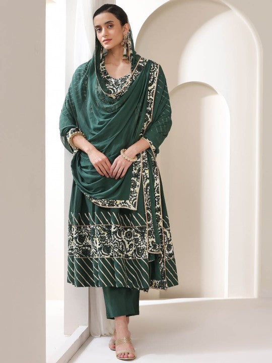 Women Green Floral Yoke Design V-Neck Pleated Anarkali Kurta With Palazzos & Dupatta VitansEthnics