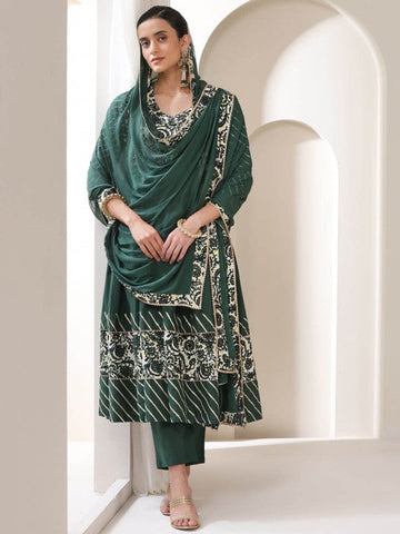 Women Green Floral Yoke Design V-Neck Pleated Anarkali Kurta With Palazzos & Dupatta VitansEthnics