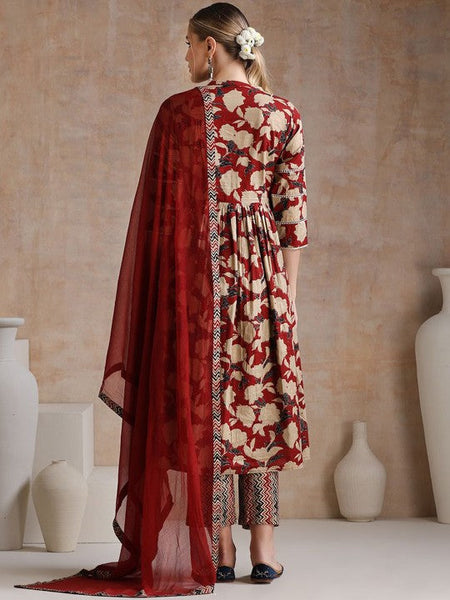 Women Floral Printed Flared Pure Cotton Kurta with Palazzos & With Dupatta Set VitansEthnics