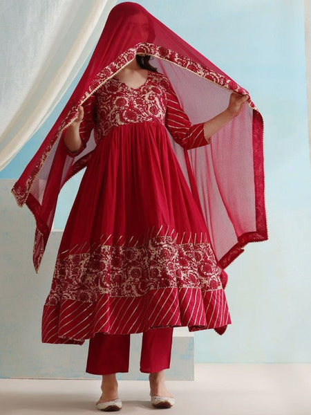 Women Maroon Floral Yoke Design V-Neck Pleated Anarkali Kurta With Palazzos & Dupatta Set VitansEthnics