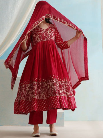 Women Maroon Floral Yoke Design V-Neck Pleated Anarkali Kurta With Palazzos & Dupatta Set VitansEthnics