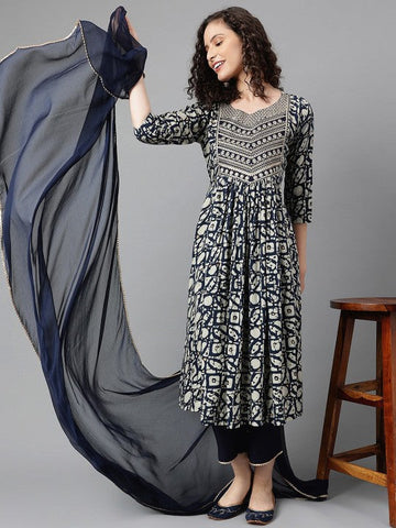 Women Printed Empire Thread Work Kurta with Palazzos & With Dupatta Set VitansEthnics