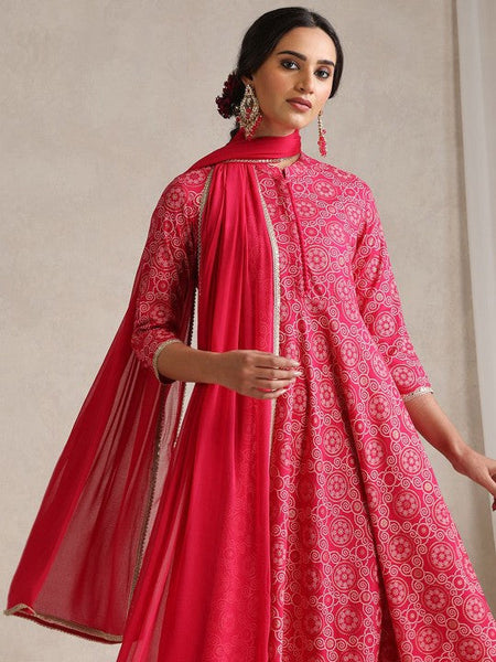 Women Bandhani Printed Mandarin Collar Panelled Anarkali Kurta With Trouser & Dupatta VitansEthnics