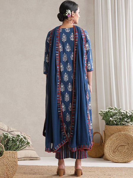 Women Floral Printed Flared Pure Cotton Kurta with Palazzos & With Dupatta Set VitansEthnics
