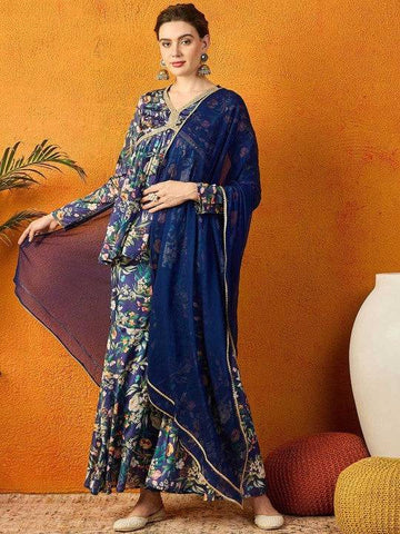 Women Floral Printed Gotta Patti Chanderi Silk Anarkali Kurti & Sharara With Dupatta Set VitansEthnics