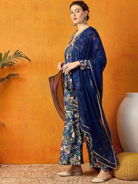 Women Floral Printed Gotta Patti Chanderi Silk Anarkali Kurti & Sharara With Dupatta Set VitansEthnics