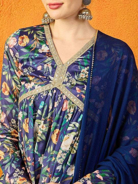 Women Floral Printed Gotta Patti Chanderi Silk Anarkali Kurti & Sharara With Dupatta Set VitansEthnics