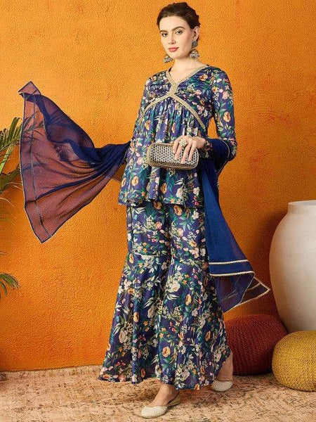 Women Floral Printed Gotta Patti Chanderi Silk Anarkali Kurti & Sharara With Dupatta Set VitansEthnics