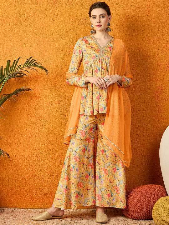 Women Floral Printed Gotta Patti Chanderi Silk Anarkali Kurti & Sharara With Dupatta Set VitansEthnics