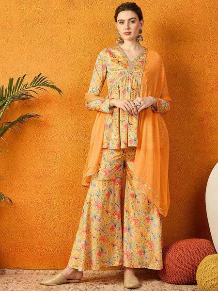 Women Floral Printed Gotta Patti Chanderi Silk Anarkali Kurti & Sharara With Dupatta Set VitansEthnics