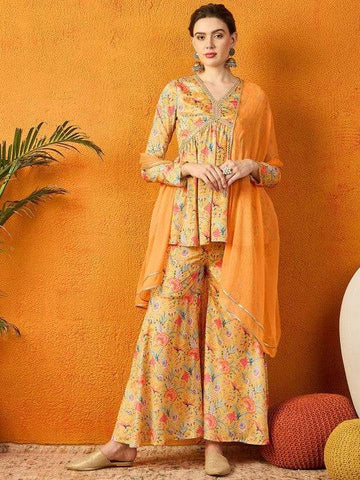 Women Floral Printed Gotta Patti Chanderi Silk Anarkali Kurti & Sharara With Dupatta Set VitansEthnics