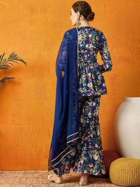 Women Floral Printed Gotta Patti Chanderi Silk Anarkali Kurti & Sharara With Dupatta Set VitansEthnics
