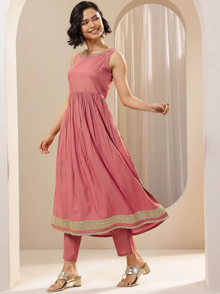 Women solid Pleated Kurta with Trousers & With Dupatta Indian Suit Set VitansEthnics