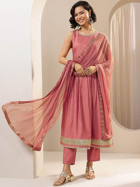 Women solid Pleated Kurta with Trousers & With Dupatta Indian Suit Set VitansEthnics