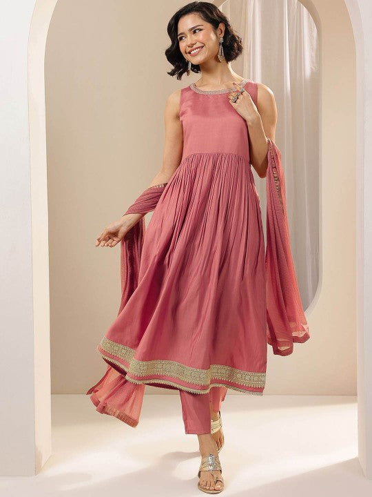 Women solid Pleated Kurta with Trousers & With Dupatta Indian Suit Set VitansEthnics