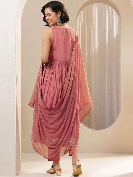 Women solid Pleated Kurta with Trousers & With Dupatta Indian Suit Set VitansEthnics