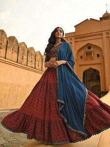 Women Maroon Cotton Block Print Lehenga Choli With Dupatta Set Indo-Western Outfit (Copy) VitansEthnics
