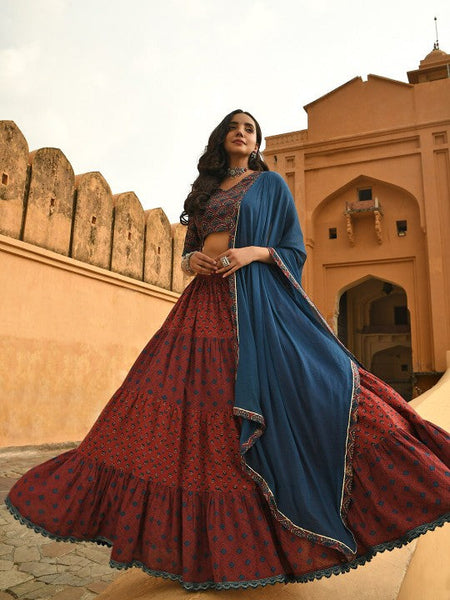 Women Maroon Cotton Block Print Lehenga Choli With Dupatta Set Indo-Western Outfit (Copy) VitansEthnics