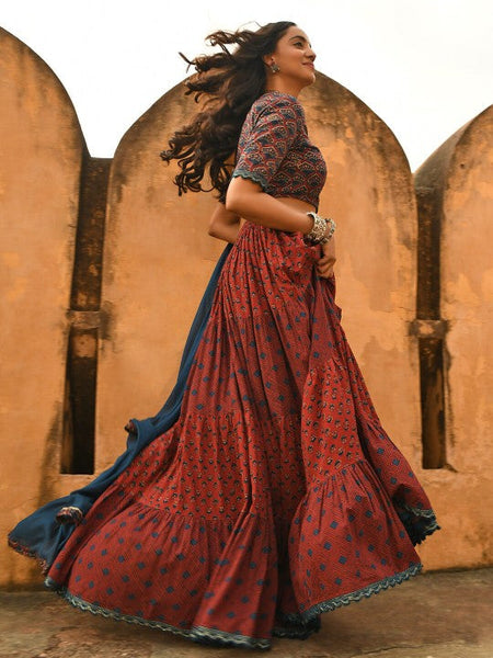 Women Maroon Cotton Block Print Lehenga Choli With Dupatta Set Indo-Western Outfit (Copy) VitansEthnics