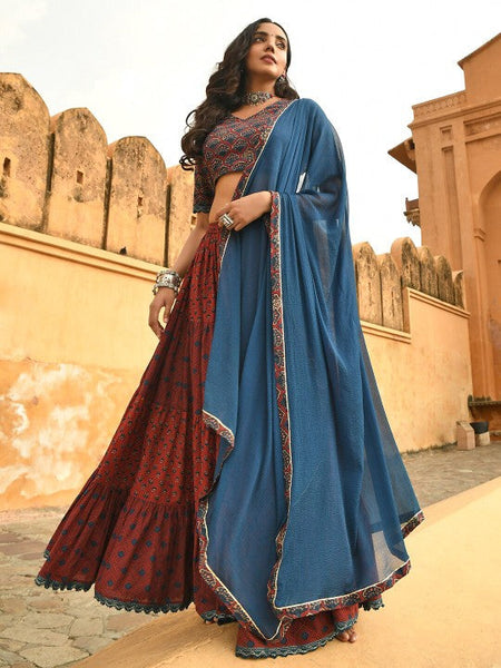Women Maroon Cotton Block Print Lehenga Choli With Dupatta Set Indo-Western Outfit (Copy) VitansEthnics