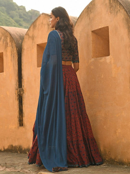 Women Maroon Cotton Block Print Lehenga Choli With Dupatta Set Indo-Western Outfit (Copy) VitansEthnics