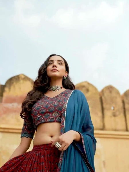 Women Maroon Cotton Block Print Lehenga Choli With Dupatta Set Indo-Western Outfit (Copy) VitansEthnics