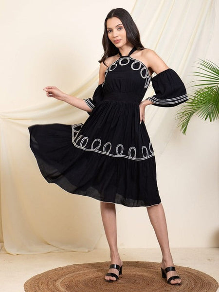 Women Indo Western Halter Neck Bell Sleeve Fit & Flare Midi Dress VitansEthnics