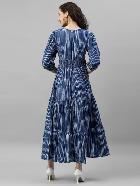 Women Striped V-Neck Puff Sleeve Smocked Tiered Maxi Dress VitansEthnics