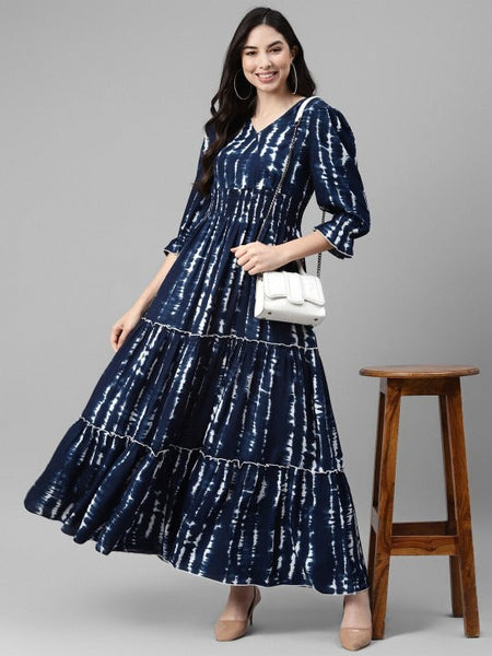 Women Navy Blue Ethnic Motifs Print Maxi Dress VitansEthnics