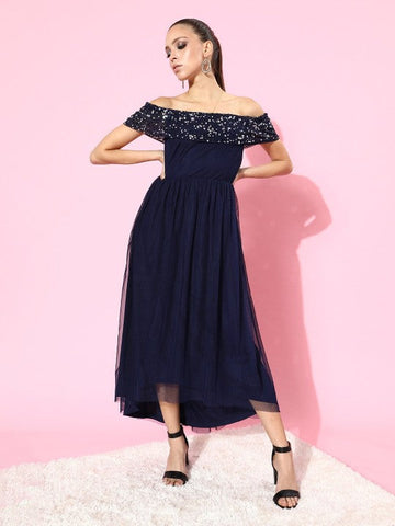 Women Women Deep Navy Blue Solid Net Cold Shoulder Maxi Dress VitansEthnics