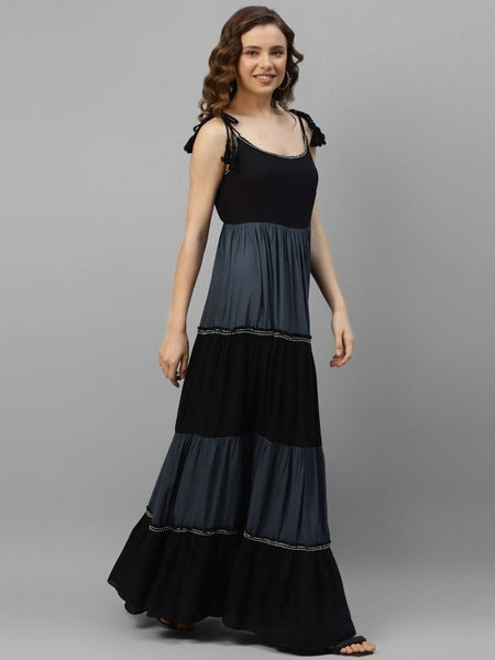 Women Indo Western Colourblocked Tiered Maxi Dress VitansEthnics