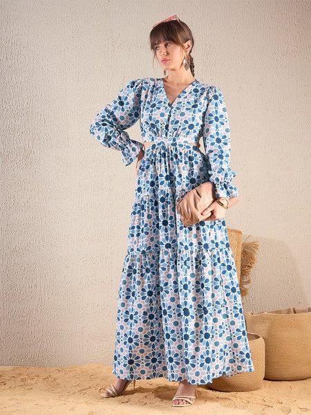 Women Teal Blue Floral Printed V Neck Cut Out Tiered Maxi Dress VitansEthnics