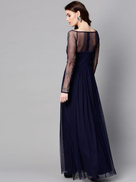 Women Navy Blue Net Embellished Detail Maxi Dress VitansEthnics