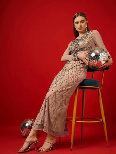 Women Embellished Long Sleeves Net Maxi Dress VitansEthnics