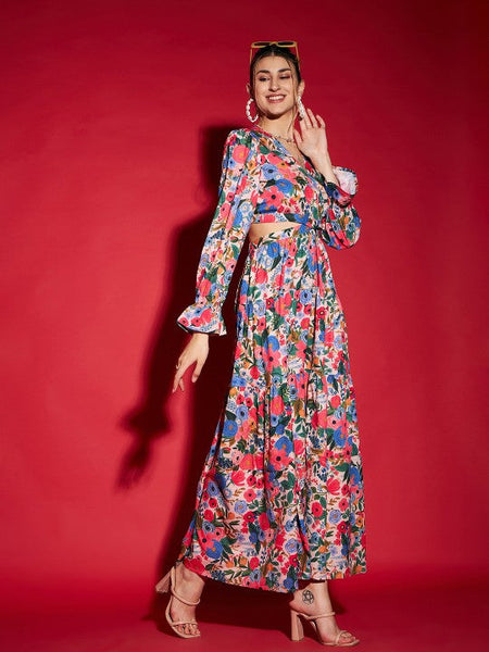 Women Blue Floral Printed Cut Out Crepe Maxi Dress VitansEthnics