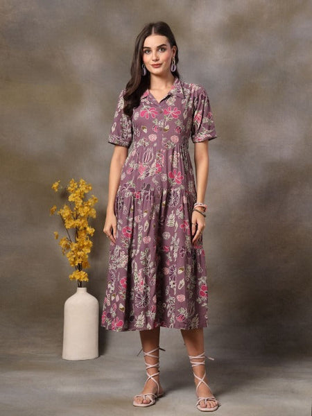 Women Purple Floral Printed Fit & Flare Maxi Tiered Dress VitansEthnics